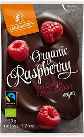 Freeze-dried raspberries in dark chocolate, fair trade, gluten-free, organic, 50 g - LANDGARTEN